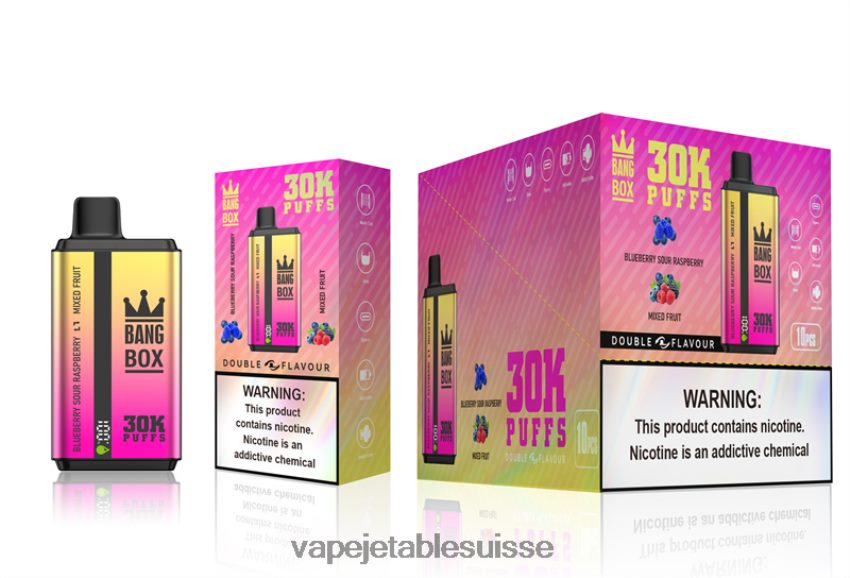 Vape Jetable Suisse - Bang Box 30 000 bouffées double saveurs 4LVJJB66 myrtille, framboise acidulée et mélange de fruits