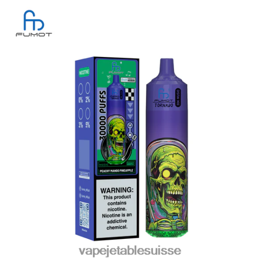 Vape Jetable Suisse - Fumot Tornado 30 000 musiques pêche, mangue, ananas 4X48XR21